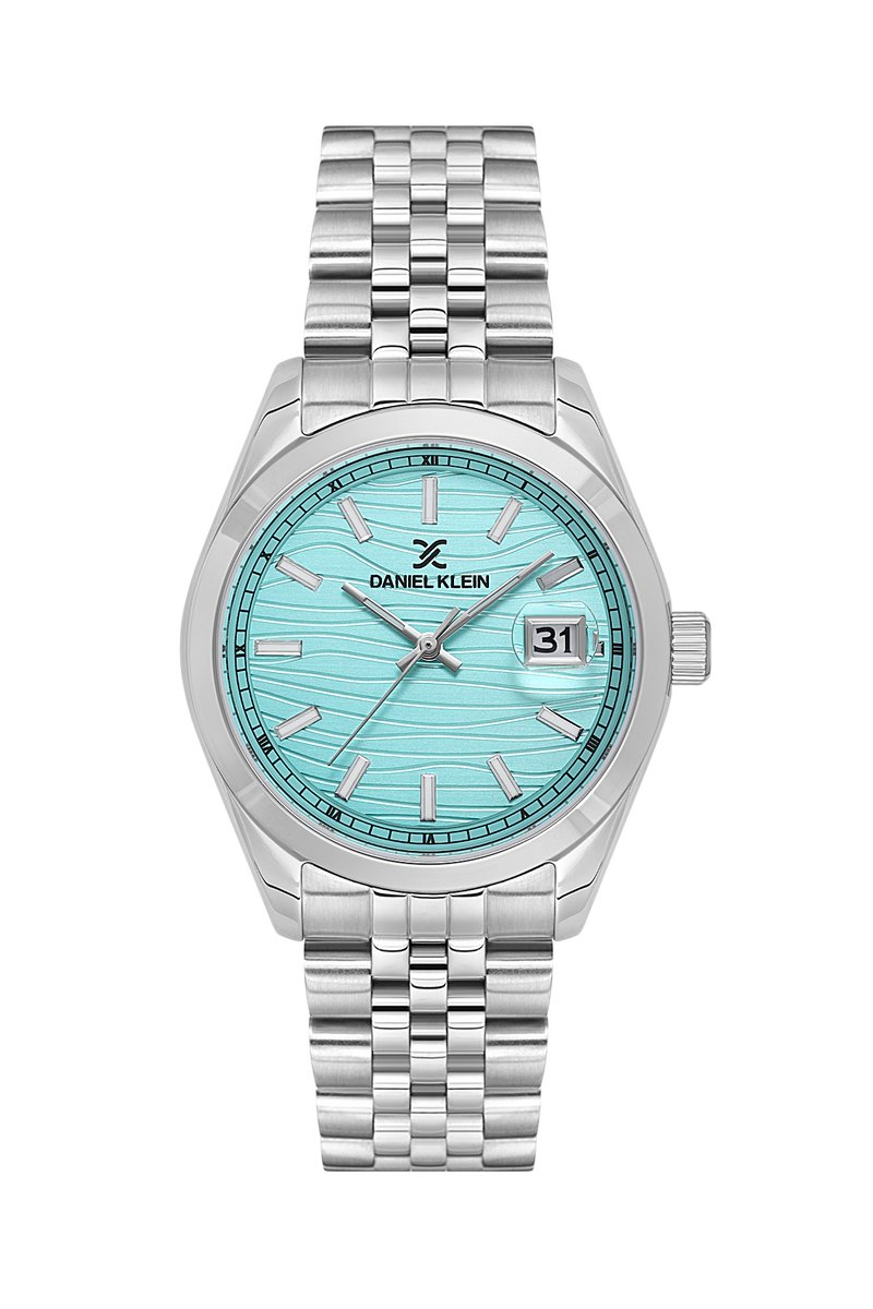 Daniel Klein DK.1.13883-4 - Horloge - Polshorloge - Analoog - Unisex - stalen band - Rond - Metaal - Datumaanduiding - Streepjes - Zilverkleurig - TurkooisGroen