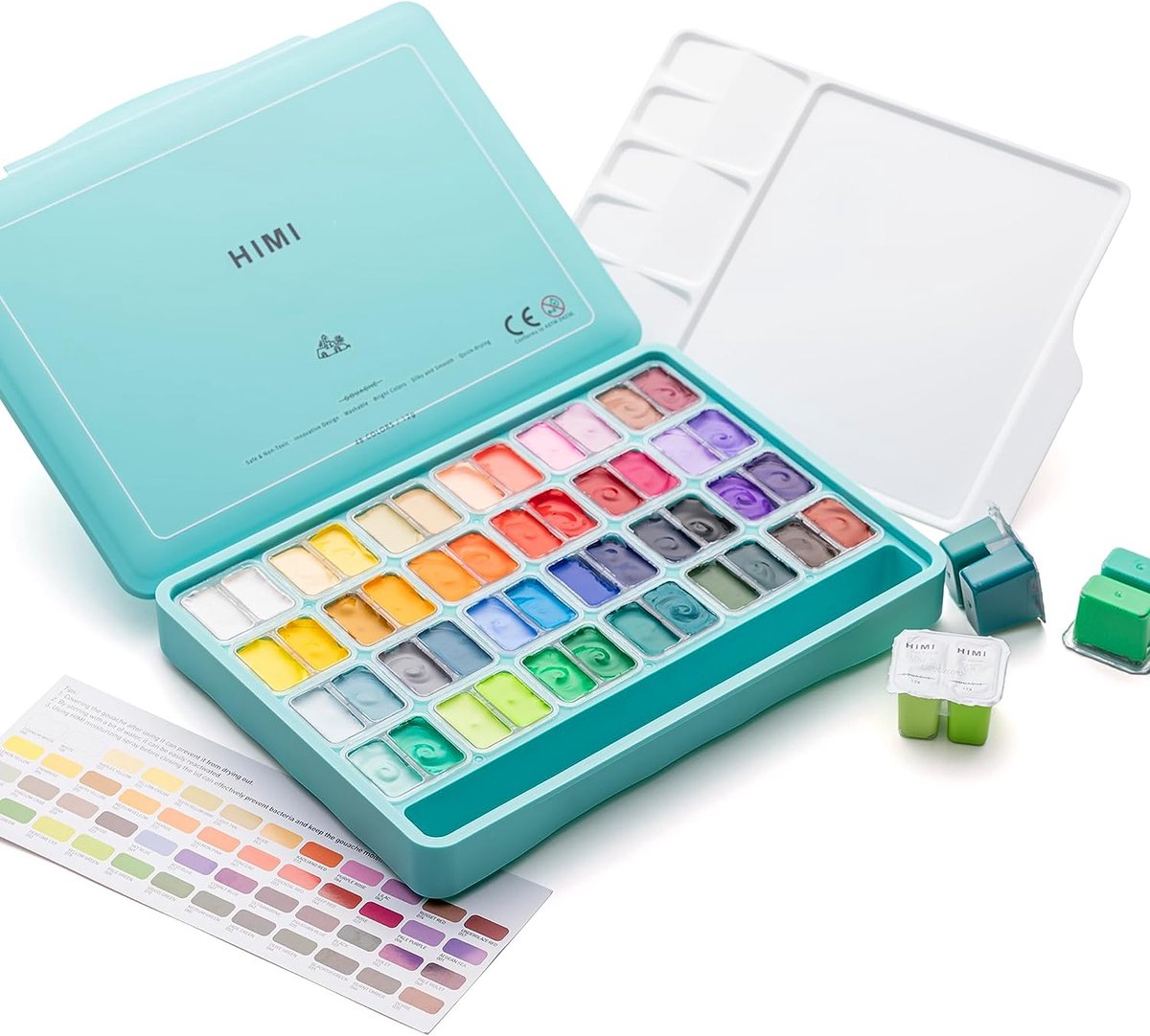 HIMI - Gouache - Twin split cups - set van 48 kleuren - 12g - 3 penselen - Turquoise — afbeelding 12