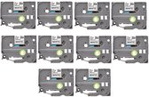 Tien cassettes met witte labeltape, 12mm x 8m, met zwarte tekst.