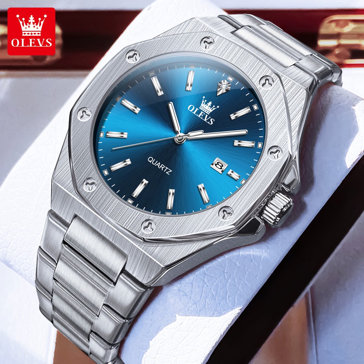 HO-3613.z-bl : Olevs tijdloos 8 hoekig zilverkl edelstaal horloge, blauw wijzerplaat, dagaanduiding