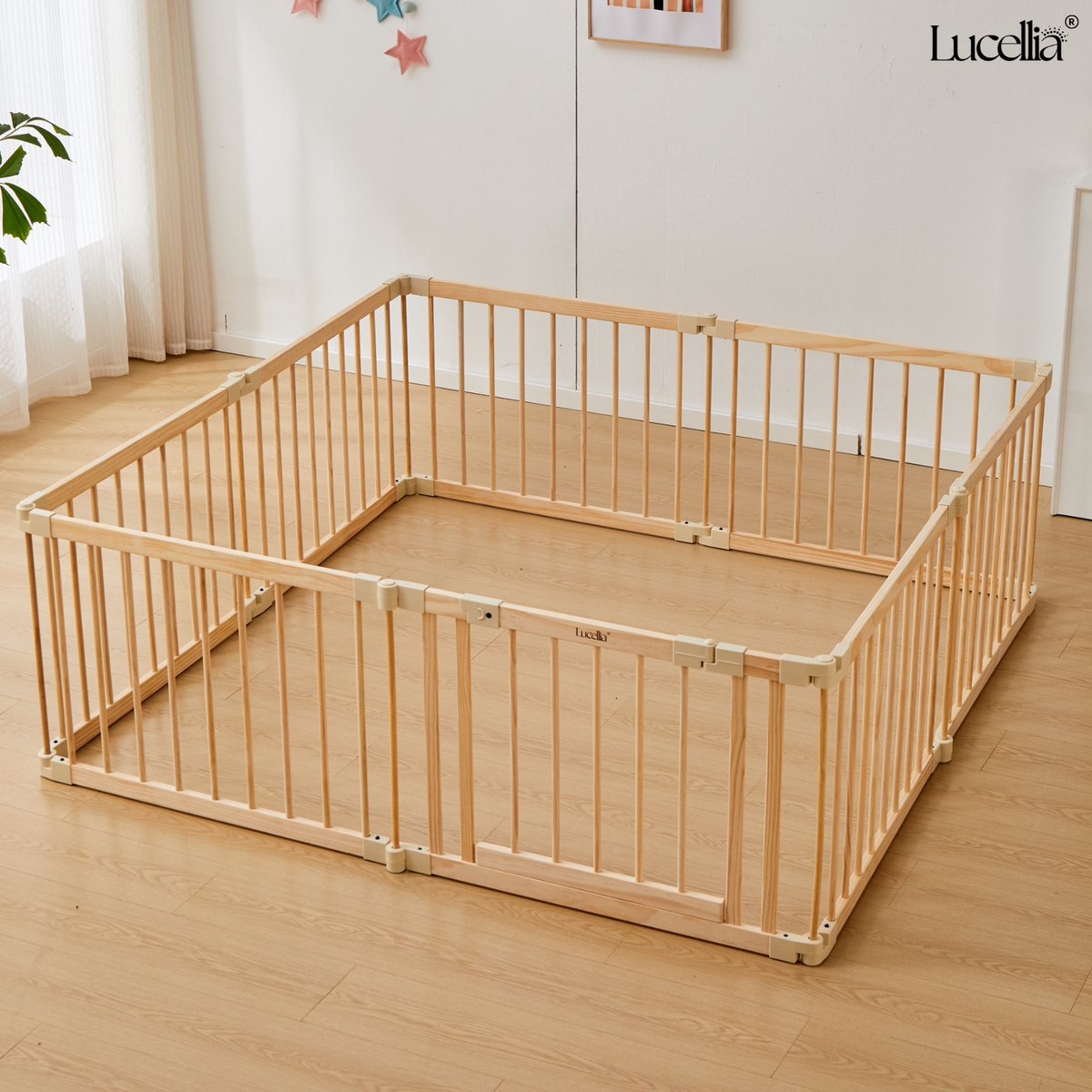 Lucellia® Prime Wood - Grondbox Baby - Inklapbare Speelbox & Kinderbox Hout – Volledig Voorgemonteerd – Zuignappen – Beige Connectoren – 192x192x70 cm
