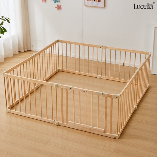 Lucellia® Prime Wood Grondbox Baby - Inklapbare Speelbox - Kinderbox Hout - Playpen Kruipbox- Babypark - Babybox - Inklapbare Houten Speelbox met Slim Kliksysteem en Zuignappen - 192x192x68 CM - Beige Connectoren