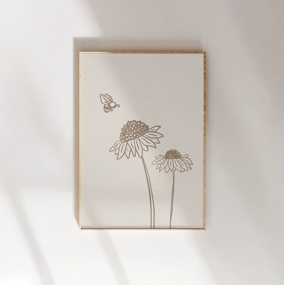 Poster 20x30 - Bloemen en bij - Beige - Kamer decoratie - Wanddecoratie kinderkamer - Muurdecoratie babykamer