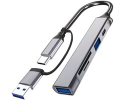 LuTech® USB 3.0 Hub – 5 Poorten – Hoge Snelheid 100W – Inclusief USB-C Converter – USB C Hub – SD /Micro SD kaart lezer – USB Splitter – Zilver