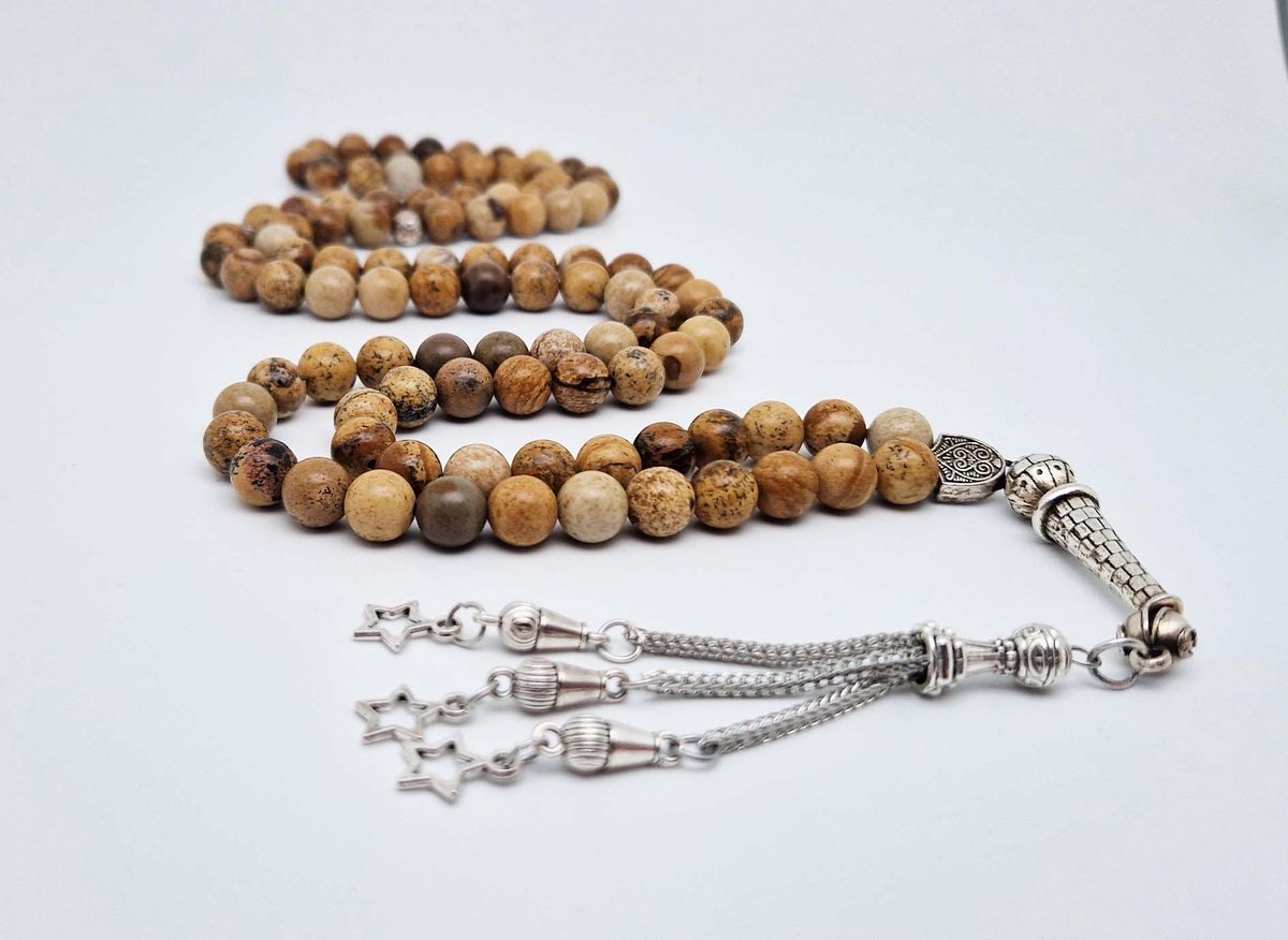 Handgemaakte tesbih "Tasbih" natuursteen "Picture Jasper" - Aantal kralen 99 - Diameter kralen 8MM - met metaal tassel "Kleine sterren" - Een mooi cadeau-idee