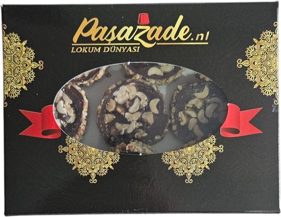 Zwarte doos met een kijkvenster waarop Turkse dromen te zien zijn, versierd met gouden patronen en rode linten.