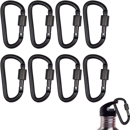 8-pack zwarte karabijnhaakclips met schroefketting, duurzame karabijnhaakclips van aluminiumlegering, kampeersleutelhangeraccessoires voor buiten, reizen, vissen, wandelen