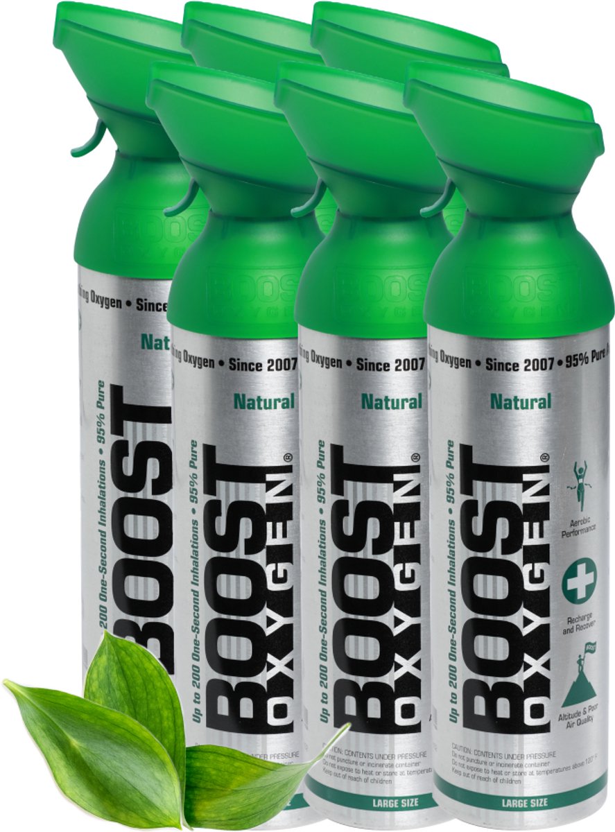 Boost Oxygen - Large 9L - Natural - 95% Pure Zuurstof - Tot wel 1200 inhalaties van 1 sec - Ademhalingsondersteuning voor sport herstel, hoogte, prestaties en gezondheid - Zuurstoffles - 6x 9L (6 pak, 54L totaal)