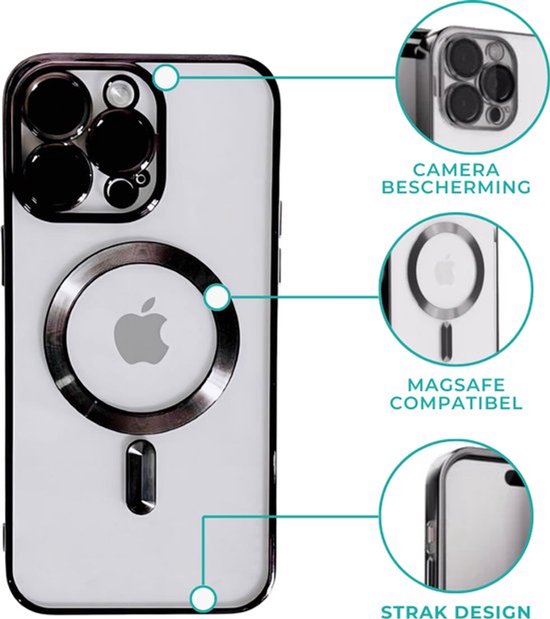 Transparant telefoonhoesje met zwarte rand, MagSafe-ring en camera-uitsparing, met pijlen.