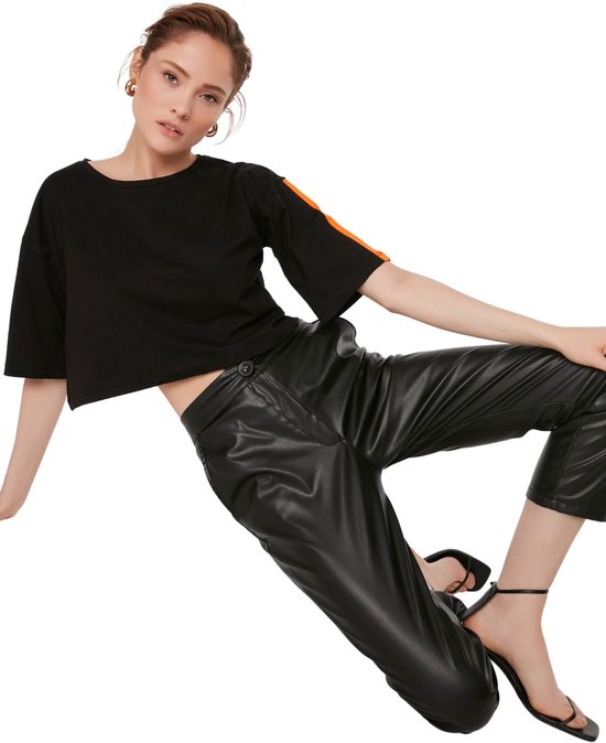 CHUNNUAN PU lederen open kruis broek dames hoge taille uitgesneden broek open heup legging-zwart, XL