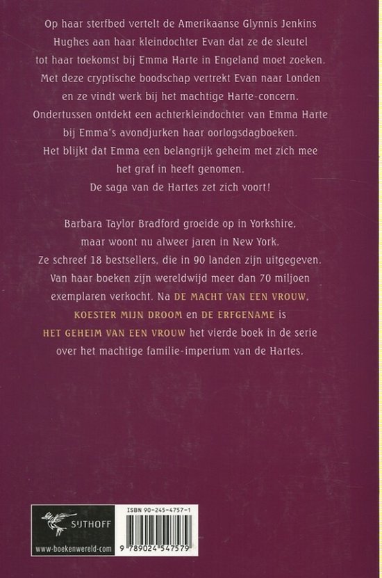 Achterkant van "Het Geheim van een Vrouw" door Barbara Taylor Bradford met ISBN.