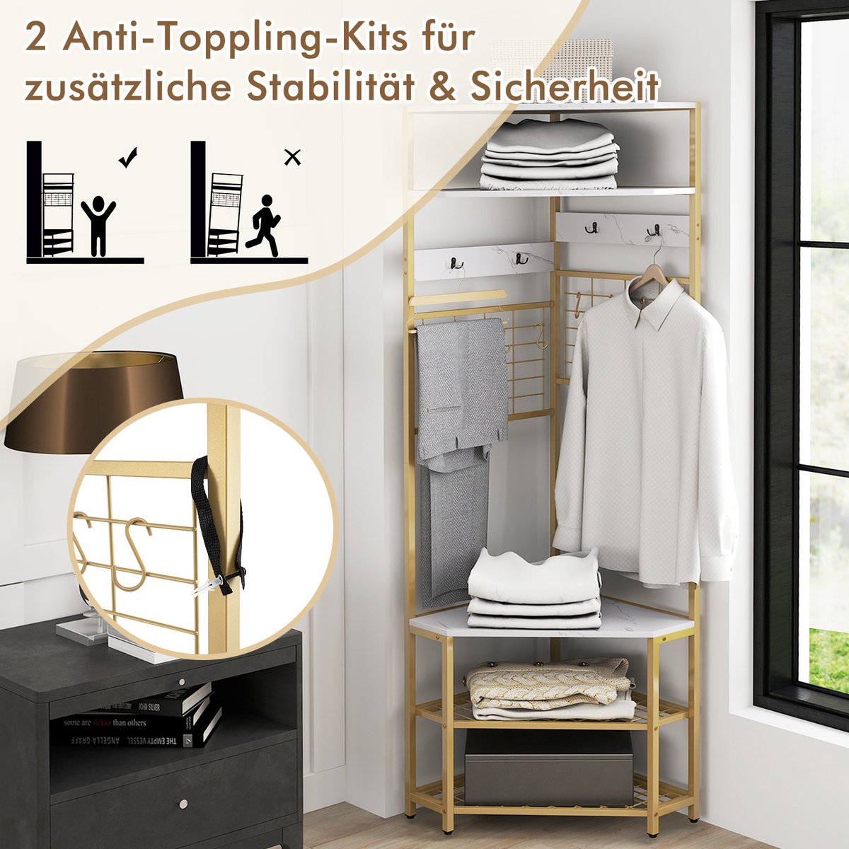 COSTWAY 180 cm kapstok hoek, 3-in-1 kledingrek & zitbank & schoenenrek, incl. 12 haken, opbergrek, garderobe voor hal, woonkamer, slaapkamer – foto 3
