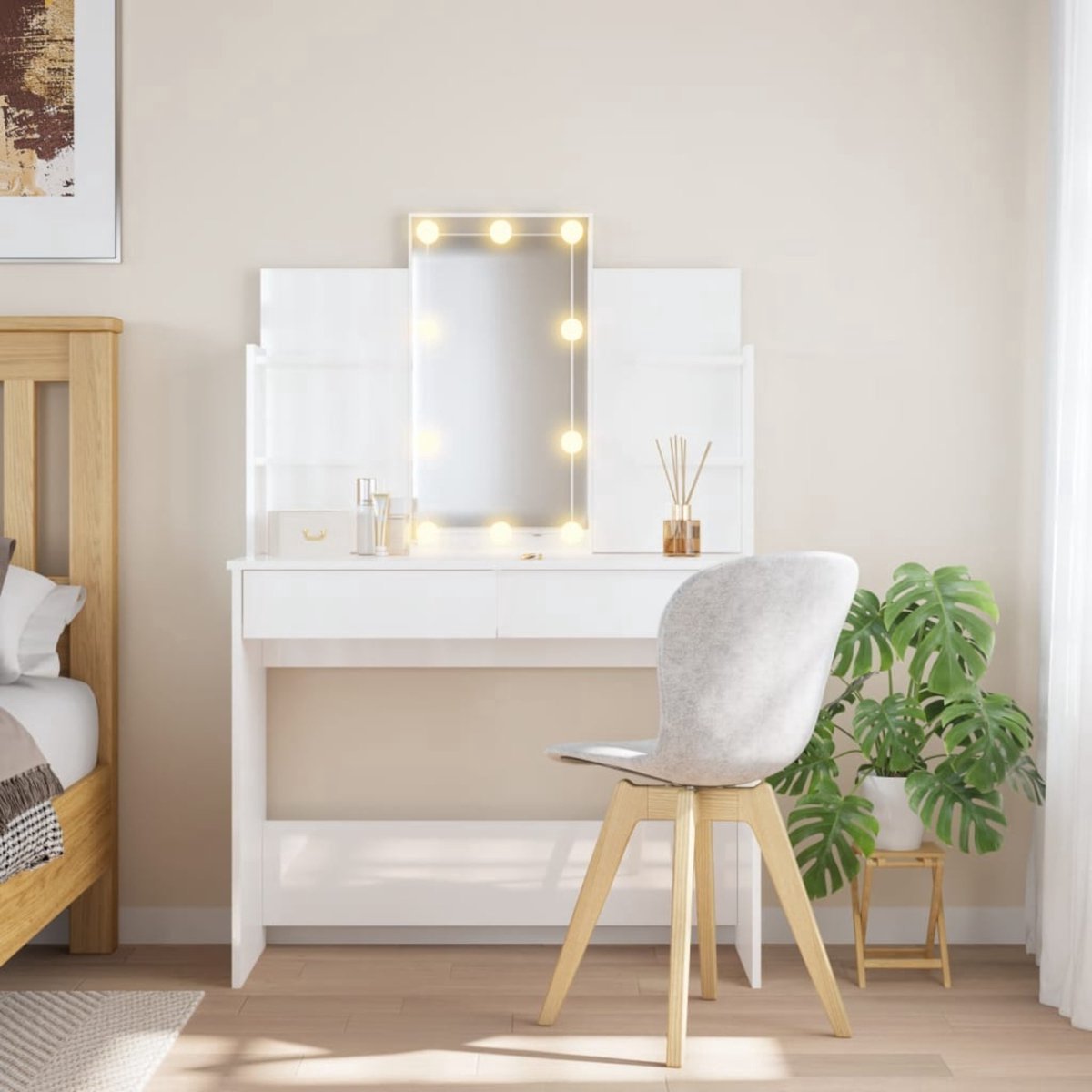 GranMaison Kaptafel met spiegel en verlichting - Make up tafel - Make up - Toilettafel -Met lades - 96 cm x 40 cm x 142 cm - Wit