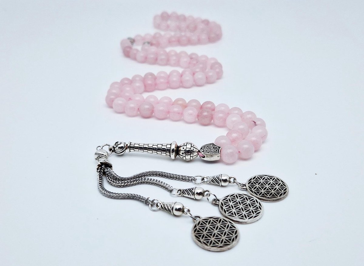 Handgemaakte tesbih "Tasbih" natuursteen "Roze kwartz" - Aantal kralen 99 - Diameter kralen 8MM - met metaal tassel "Harmonie" - Een mooi cadeau-idee