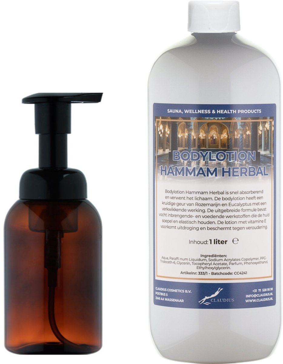 Zeepdispenser 300 ml amber bruin hervulbaar + 1 liter Bodylotion Hammam Herbal navulling