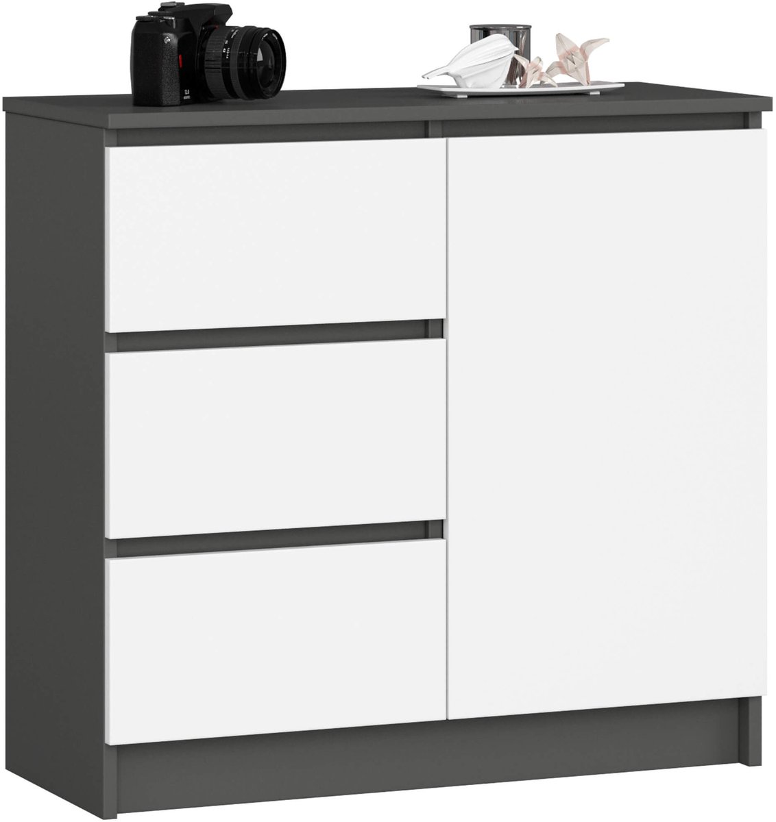 Ladekast JERRY met 3 Lades en 2 Deuren / AKORD Furniture Factory / Grafietgrijs - Wit / 80 x 77 x 35 cm