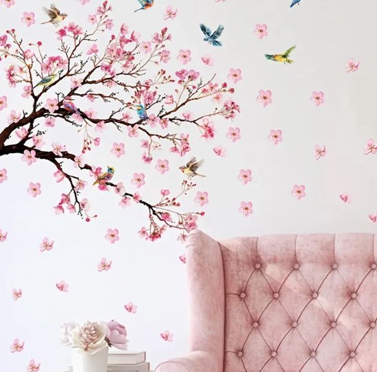 Muursticker - Raamsticker Boom - Tak - Lente - Zomer - Perzik - Bloesem - Muur Sticker / Raam sticker Keuken – Handgeschilderd | Kinderkamer | Rose Bloemen - Vinders - Vogels | Decor - Poster | Verwijderbaar – Zelfklevend plakfolie | DH collection