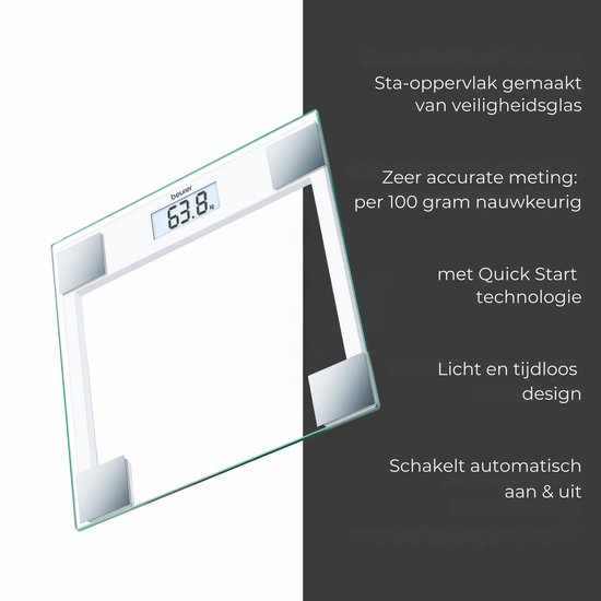 Beurer GS 14 Personenweegschaal - Digitaal - Weegschaal tot 150 kg - Doorzichtig Veiligheidsglas - Ultra dun (20 mm) design - Makkelijk Afleesbaar LCD display - Schakelt Automatisch aan & uit