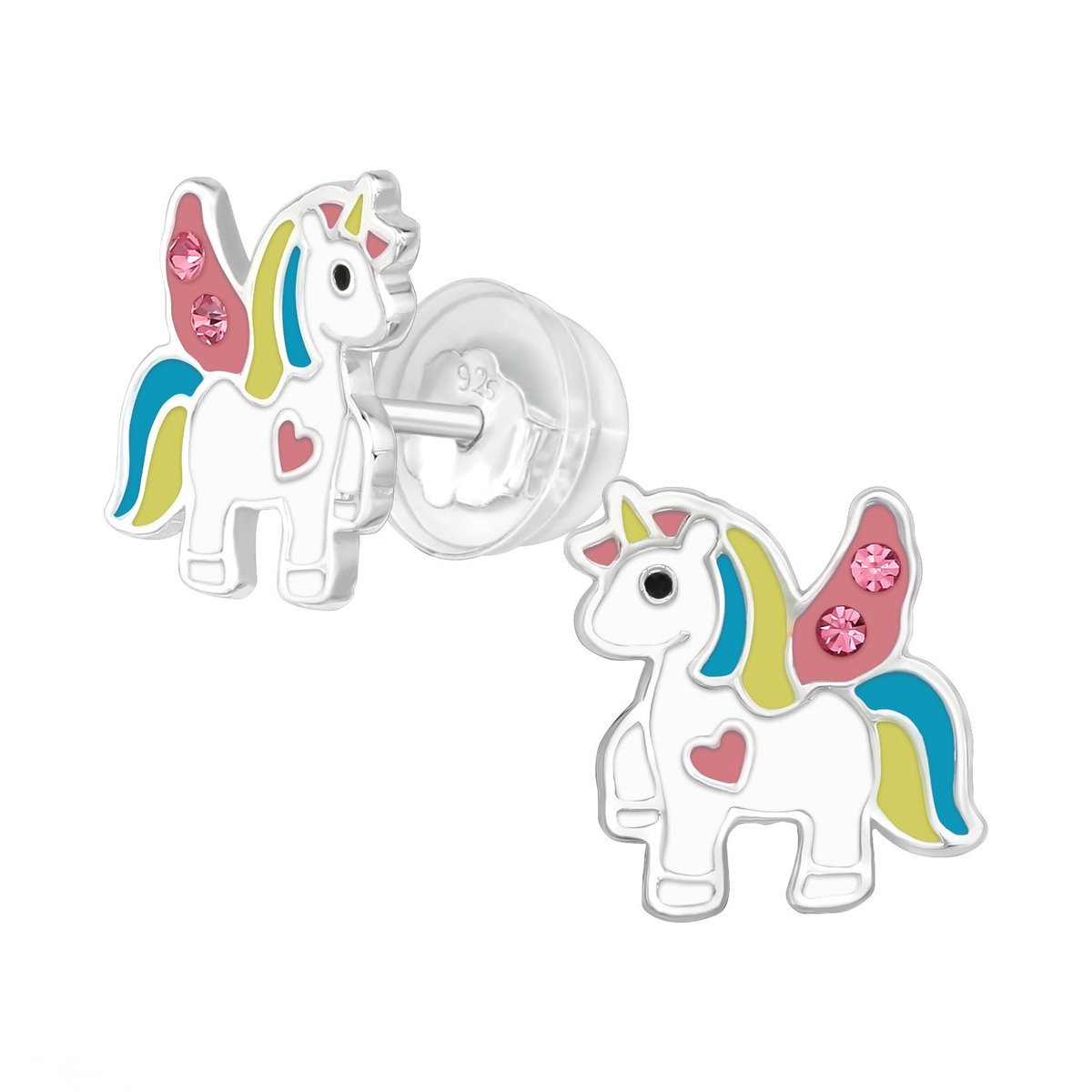 Oorbellen meisje unicorn - zilver - hartje - roze - glinster