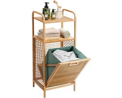 COSTWAY Badkamermeubel met schommelwasmand en 2 opbergplanken, afneembare Oxford-voering, voor woonkamer, keuken van bamboe en canvas (40,5 x 33 x 95,5 cm)