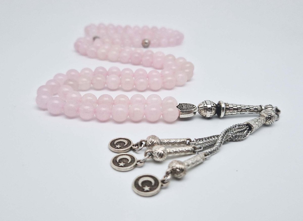 Handgemaakte tesbih "Tasbih" natuursteen "Roze kwartz" - Aantal kralen 99 - Diameter kralen 8MM - met metaal tassel "Vlag van Turkije" - Een mooi cadeau-idee