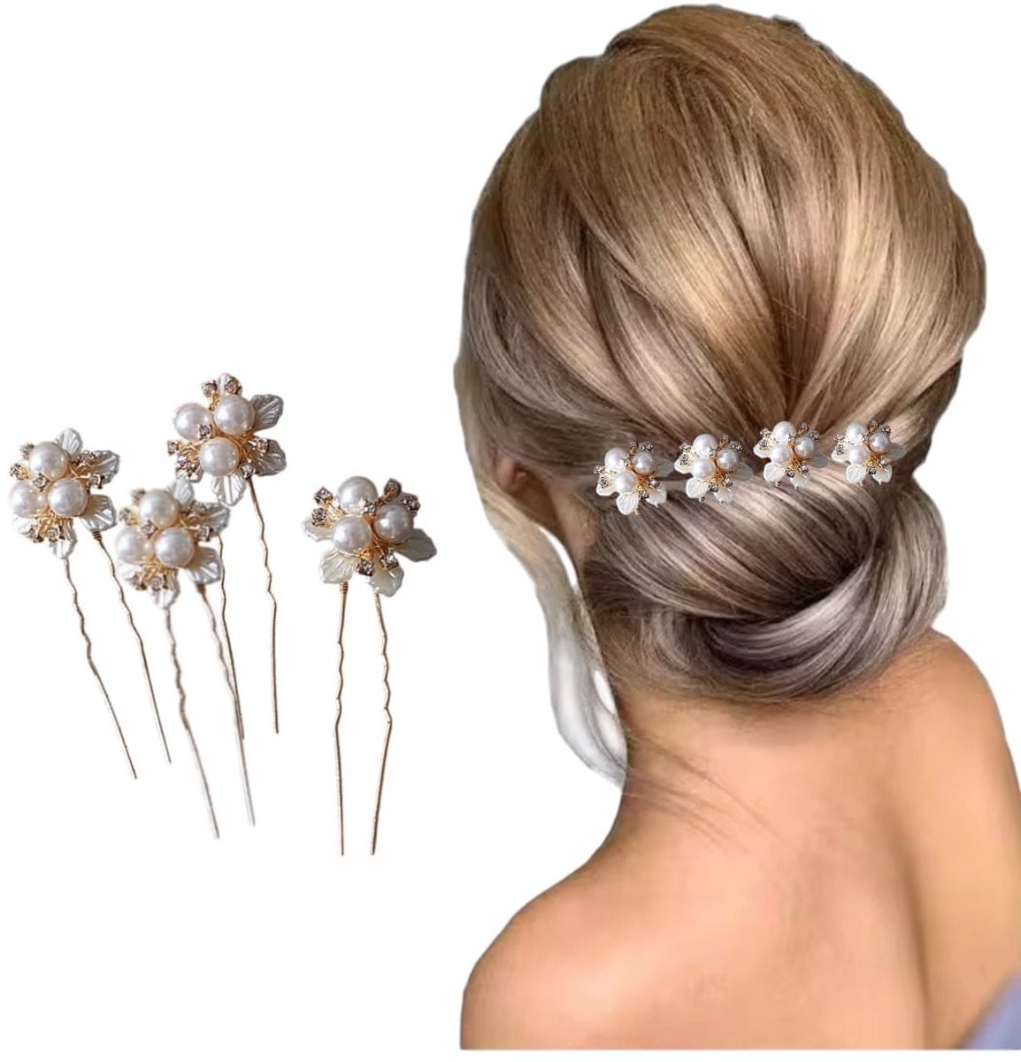 Sierlijke Haarpinnen set | Parels Bloem | -Set 4 Stuks Haarpinnen Bruiloft - Goud, Blad, Parels - Haarsieraad Bruid - Gala- Haaraccessoire| Haarspeld| Haarpinnen