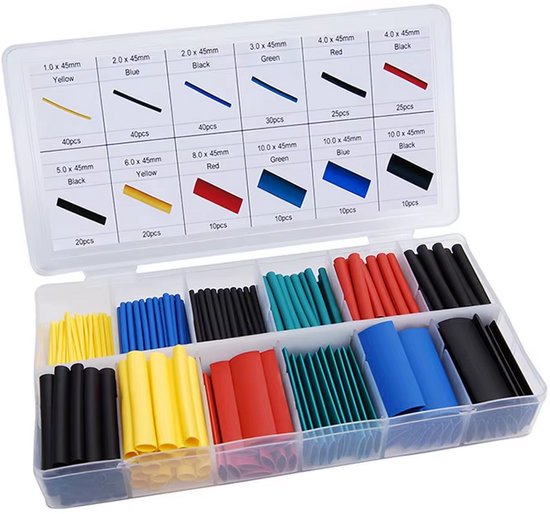 Een open opbergbox met diverse maten en kleuren krimpkousen, waaronder zwart, geel, blauw, rood en groen.