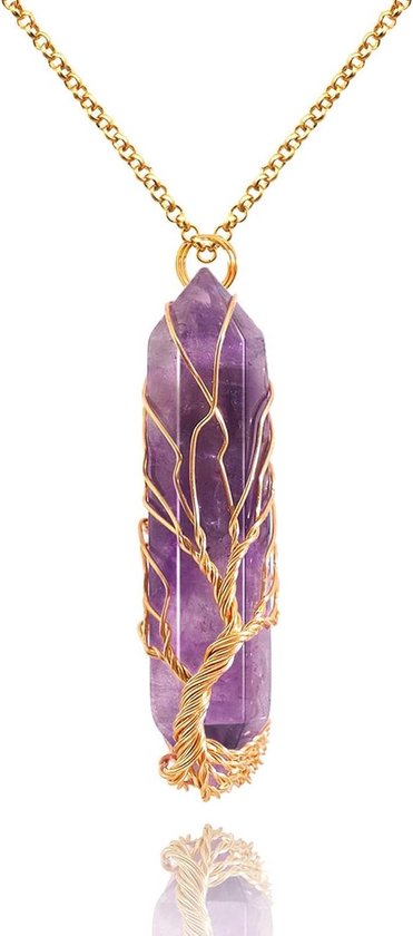 Collier pendentif en améthyste avec cristaux arbre de vie - Collier en pierres précieuses de guérison pour femmes et hommes - Idée cadeau dans un coffret cadeau avec pochette en velours