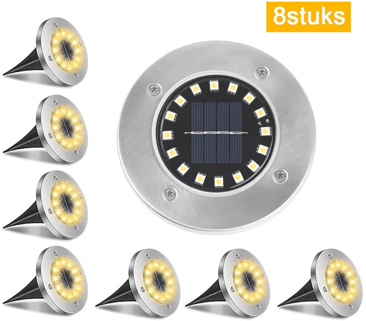 16 LED Solar (8stuks)- Buitenverlichting Tuinlamp- Tuinverlichting Lamp- Grondspots met Warm wit-RVS Grond Spots op Zonne-energie - 10 Uur Buiten Verlichting in Tuin - IP65 Waterdicht -Spotjes