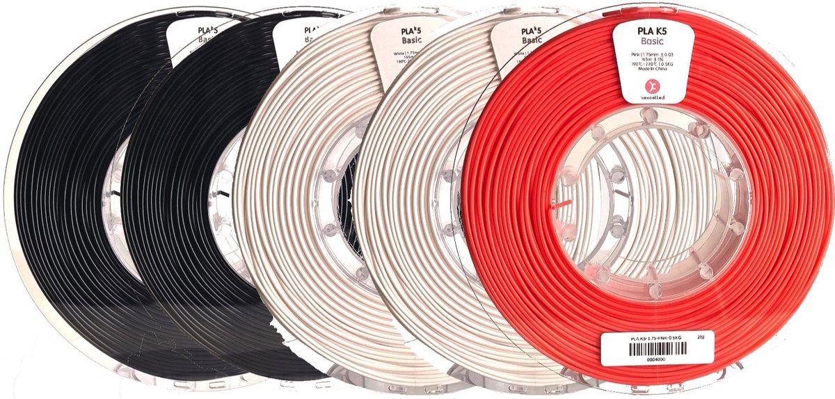 Kexcelled PLA Combideal 5 x 500g = 2,5kg (2 x Zwart, 2 x Wit & 1 x Roze) 3D Printer filament
