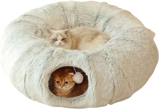 PAWZ Road Pluche kattentunnel voor grote katten, konijnentunnel, kattenspeelgoed, 2-in-1 donut-cirkelvorm, kattentunnel en kattenbed, diameter 85 cm, de tunnel, beige