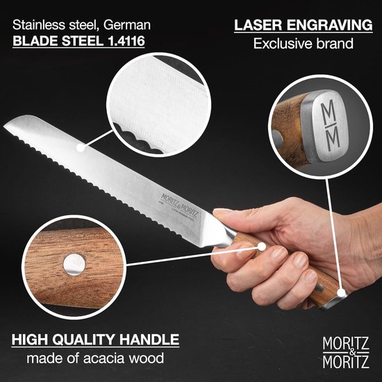 KUOGAS Couteau à pain avec bord dentelé 26 cm en acier inoxydable de haute qualité, lame de couteau extra tranchante avec manche ergonomique en bois Pakka