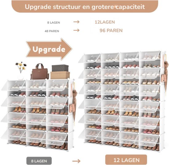 Groot schoenenrek met 12 niveaus voor 35-45 paar schoenen - Metalen frame industriële