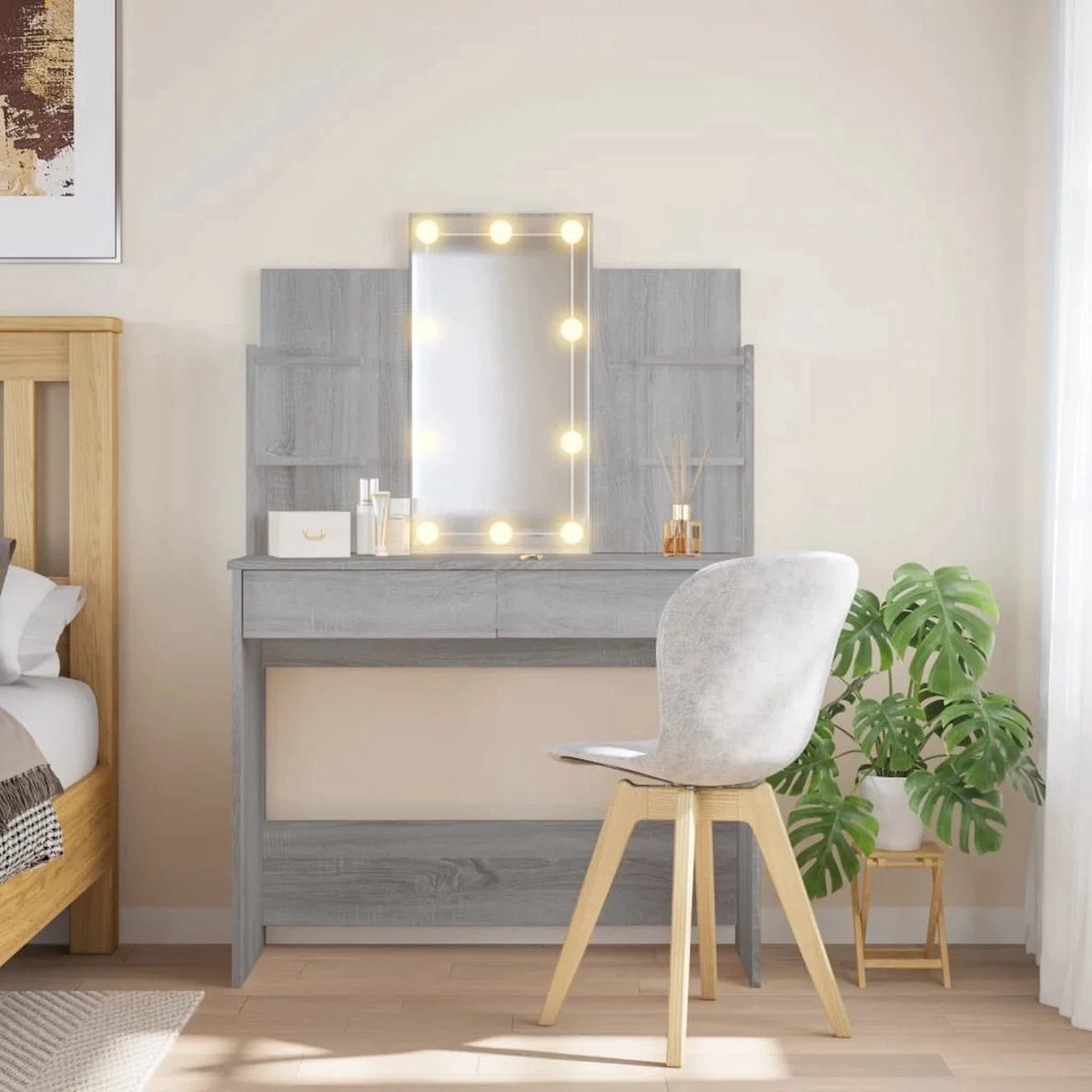 Kaptafel met spiegel en verlichting - Make up tafel - Make up - Toilettafel -Met lades - Grijs sonoma eiken
