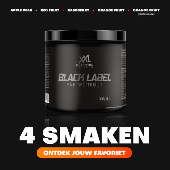 Zwarte pot XXL Nutrition Black Label Pre Workout, 390 g. Beschikbaar in Appel Peer, Rode Vrucht, Framboos, Sinaasappel en Sinaasappel Cafeïnevrij.