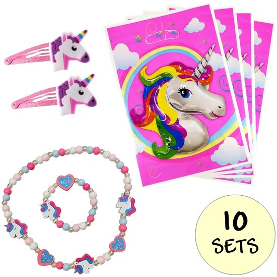 Roze feestzakjes met regenboog eenhoorn, haarspeldjes met eenhoorn, en een bijpassende unicorn ketting en armband.