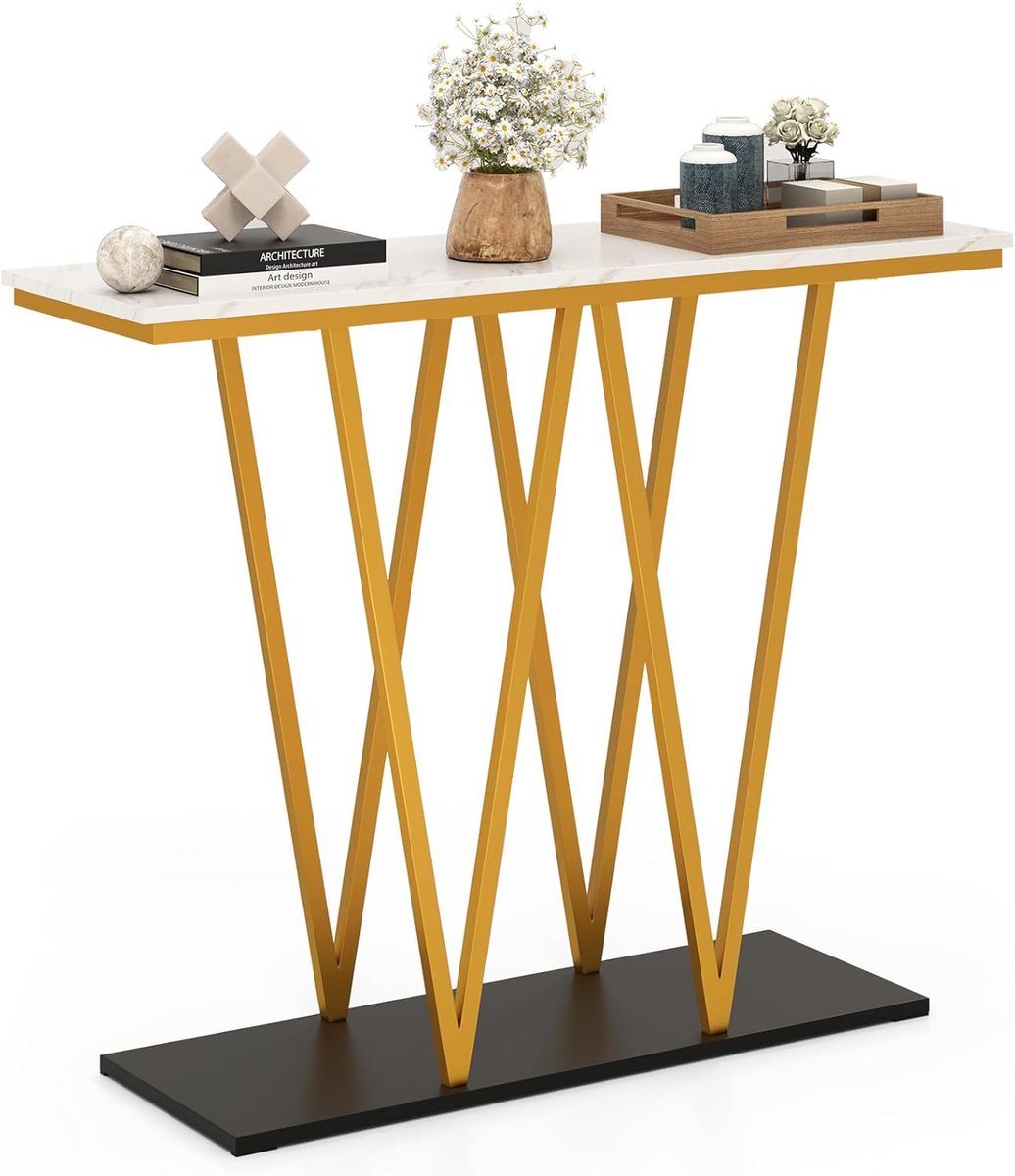 COSTWAY Consoletafel 100 cm, haltafel, marmerlook, bijzettafel, goudkleurig metalen frame, voor woonkamer, entree, hal, modern