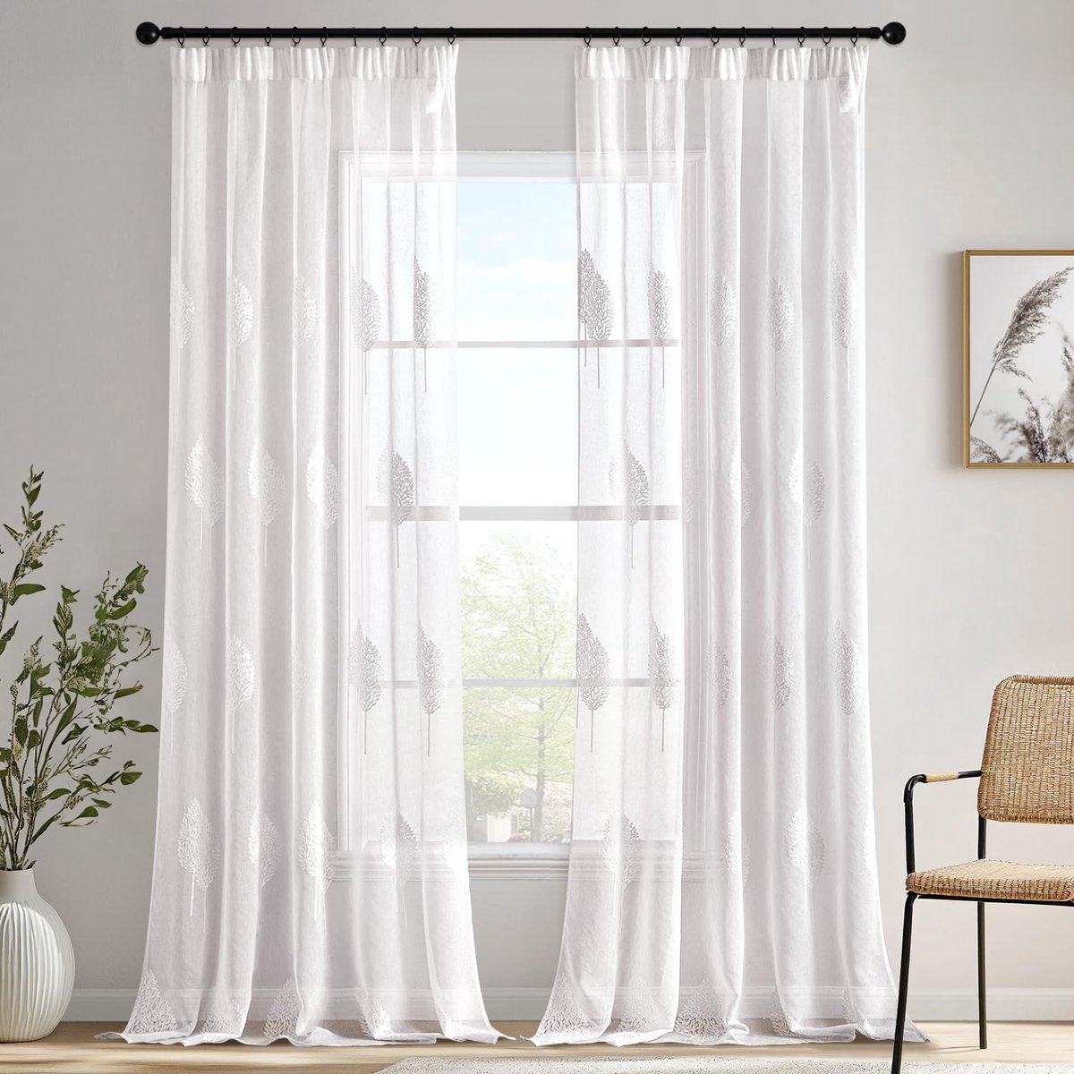 My Ninki ® Moderne Geborduurde Gordijnen met Bladmotief voor Woon- en Slaapkamer, Set van 2, 225 x 140 cm wit