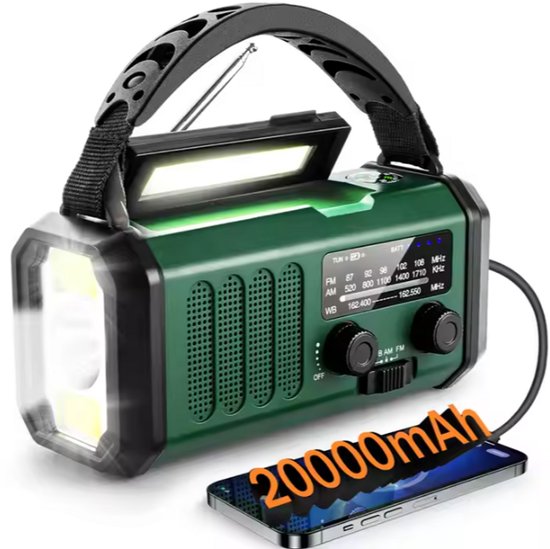 Noodradio - 20.000 mAH - Powerbank - 2025 Versie - FM AM Radio - Opwindbare Wereldontvanger - Zonne-energie - Betrouwbare Noodvoorziening - Handmatig oplaadbaar - Noodradio Camping, Overleven & Rampen - Weerstation, USB, SOS Alarm - Emergency Radio