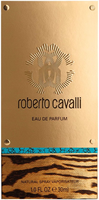 Gouden doos voor Roberto Cavalli Eau de Parfum met tijgerprint en turkoois accent.
