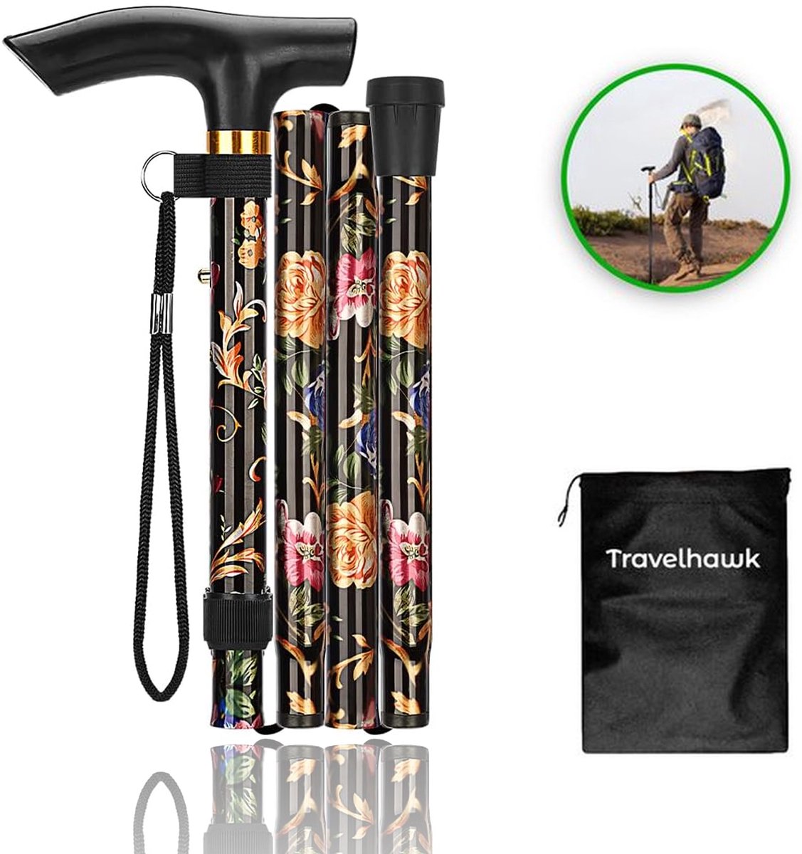 Travelhawk Wandelstok - Verstelbaar en Opvouwbaar - Zwarte bloemen - Incl. Opbergtas - loopstok Ouderen