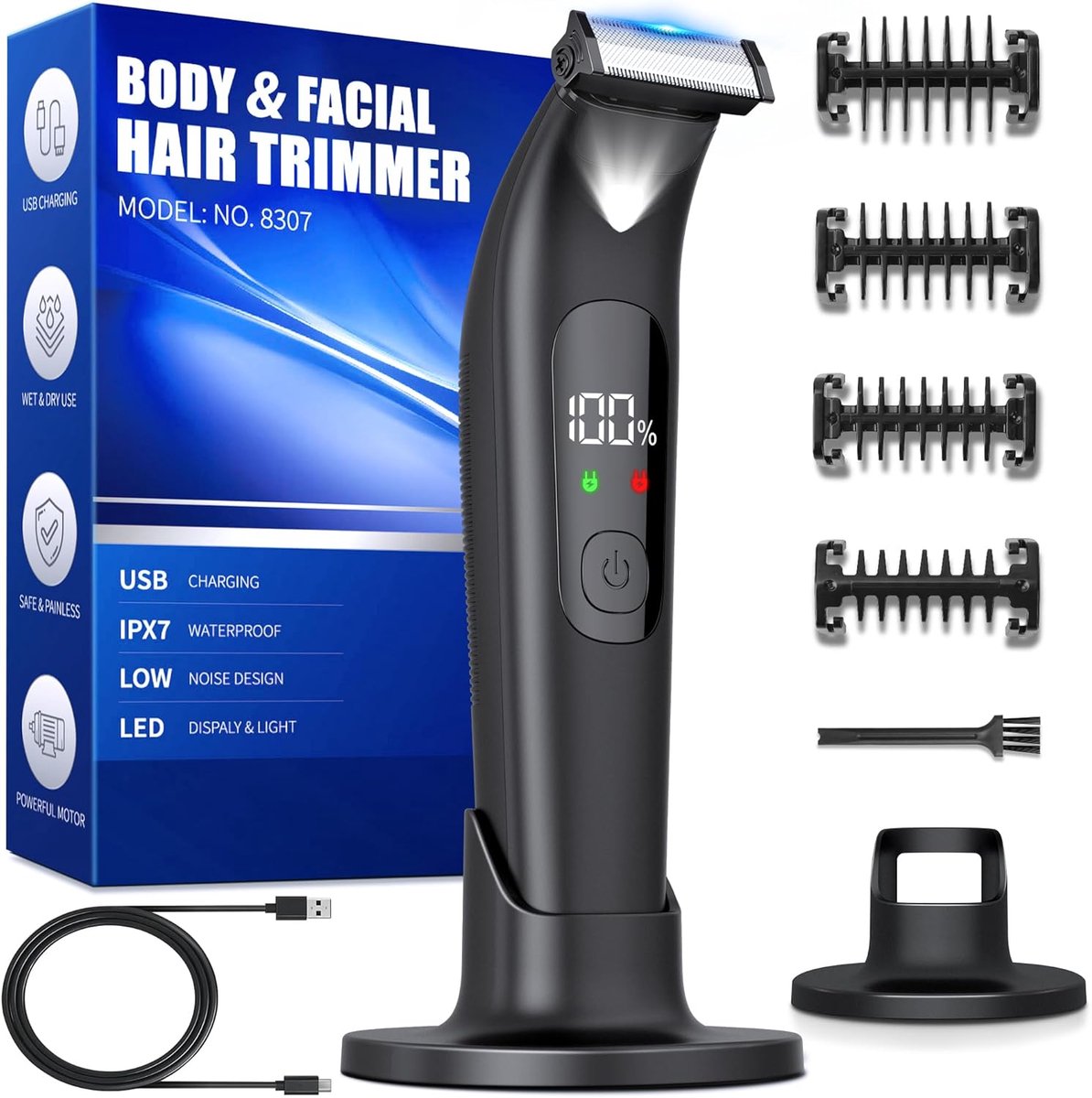 Elektrisch Scheerapparaat voor Mannen - Waterdichte Bodyshaver met LED Licht en Intieme Trimfunctie