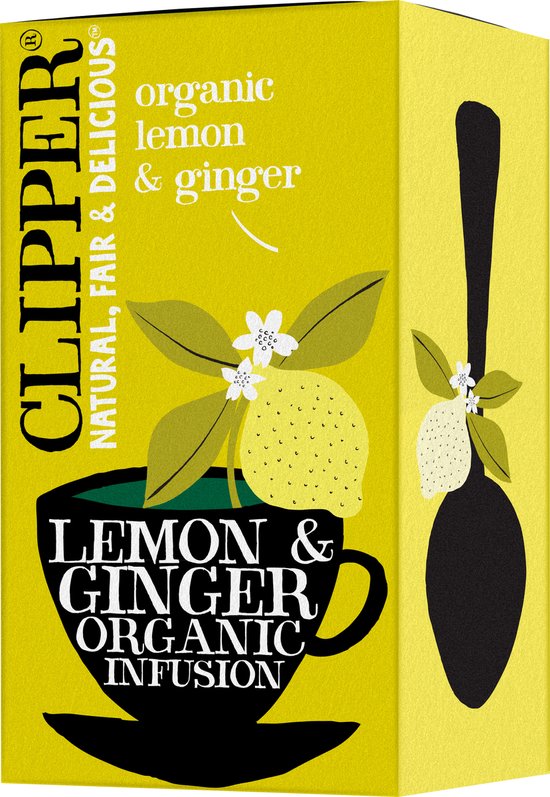 Doosje Clipper Biologische Citroen & Gember thee, met citroen, bloemen en een kop thee.