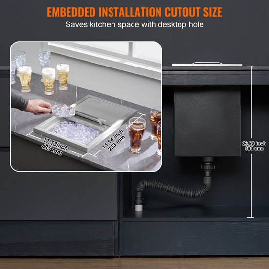 VEVOR 26,7 Liter Drop-In Ijsbox, 456x304x371mm Roestvrijstalen Ijskoeler, CommerciëLe Ijscontainer met Schuifdeksel, Ingebouwde Ijsopslagkist, Afvoerpijp en Afvoerplug Inbegrepen van Merkloos — afbeelding 4