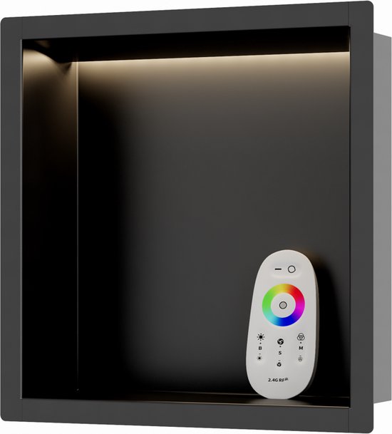 Neohomee Wandnis douche roestvrij staal met RGB ledlicht, geïntegreerde douchebak zwart enkele plank opslag met afstandsbediening voor badkamer, 60 x 30 cm