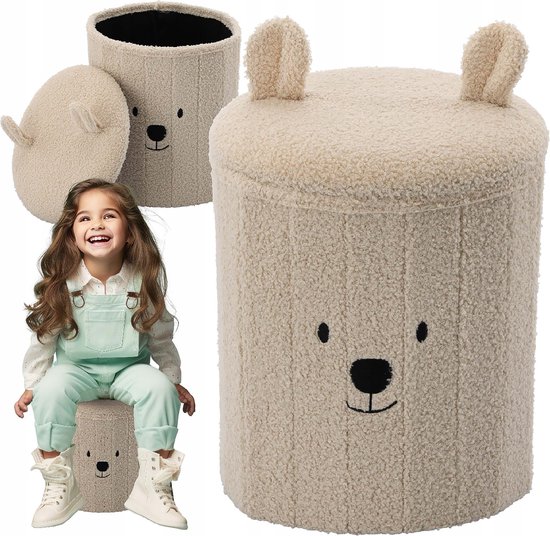 Opvouwbare poef met opbergruimte, pluche, voor kinderen, teddybeer 28x28x34 cm