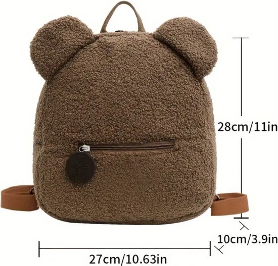 Bruine teddy rugzak met berenoortjes en ritssluiting. Afmetingen: 27x28x10 cm.