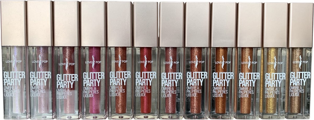 Lovely Pop Cosmetics - Set van 12 - Glitter Party - Vloeibare Oogschaduw - Metallic - Glanzend - Glitter - Wit - Roze - Koper - Rood Roze - Brons - Goud Tinten