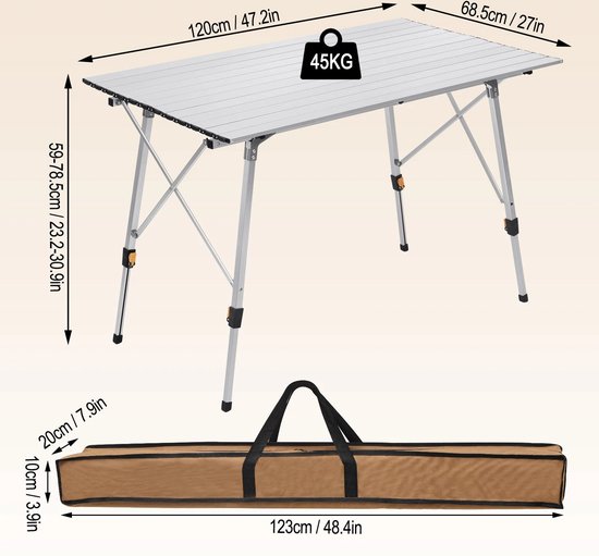 Opklapbare Tafel - Opvouwbare Tafel - Opklapbare Tafel Rechthoekig - Tafels - Kampeertafel - Kampeertafel Opvouwbaar - 120x68.5cm - 4-6 Personen - Aluminium - Verstelbare Hoogte - Zilver — afbeelding 5