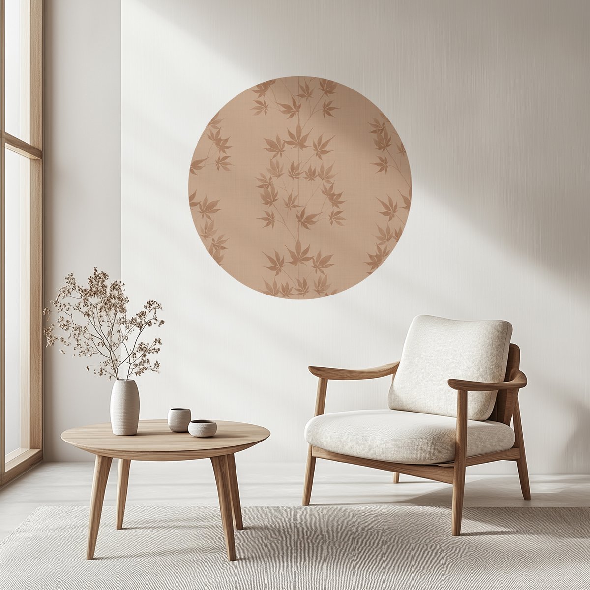 Wandcirkel – muursticker rond Japandi 60 cm – behangcirkel – wandsticker slaapkamer – muurcirkel botanische print voor binnen – zelfklevende wallcircle